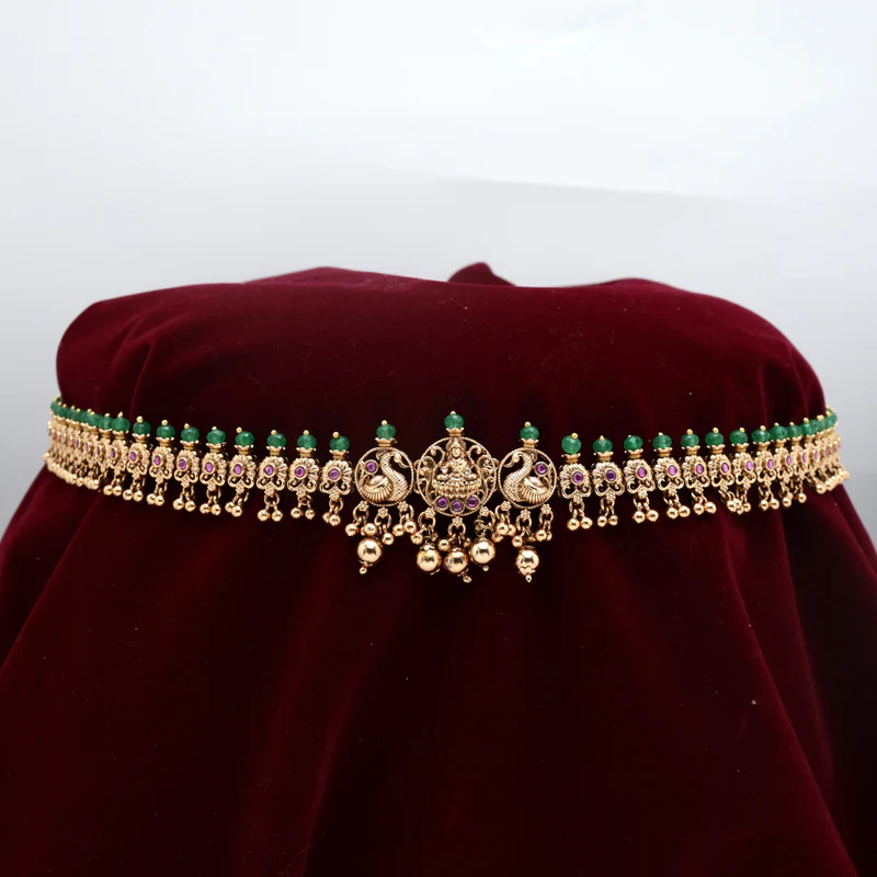 Gold Look Antique Mahalakshmi Devi Kemp Flower Bridal Hipchain